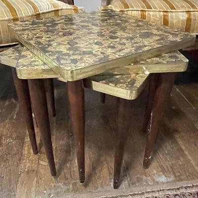 Sale Photo Thumbnail #297: The colors are green/brown/gold and has removable legs. The tables measure approx. 15" x 15" x 15" and has some scratching on the wood legs. Please see photos for more details.
