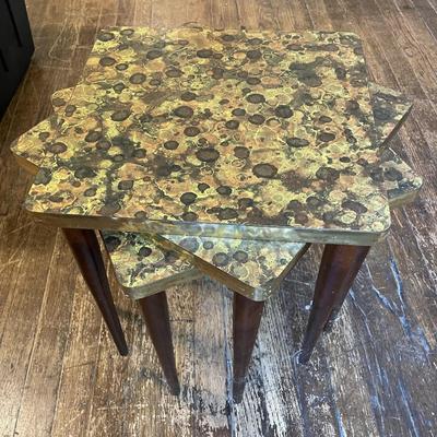 Sale Photo Thumbnail #295: The colors are green/brown/gold and has removable legs. The tables measure approx. 15" x 15" x 15" and has some scratching on the wood legs. Please see photos for more details.