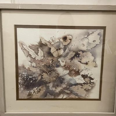 Sale Photo Thumbnail #328: This Painting is signed by artist Bill Harton and measures approx. 20.25" x 18.5". Features earthy tones of brown, gray, and off-white, with organic shapes and splatters suggesting a nature theme. Please see photos for more details.