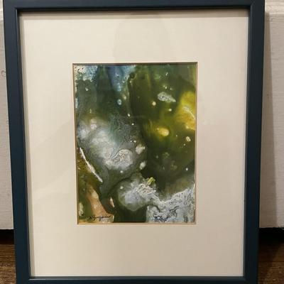 Sale Photo Thumbnail #329: This is an original H. Guyman alcohol ink painting, matted, and framed. The colors primarily consist of greens, yellows, and blues with some white and lighter tones, creating a fluid and organic appearance characteristics of alcohol ink art.  Please see p