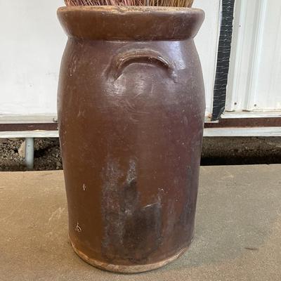 Sale Photo Thumbnail #369: With Lid. The Crock shows a lot of ware and tare from age and use. Measures approx. 17.5" Tall. Please see photos.