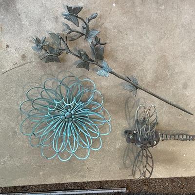 Sale Photo Thumbnail #383: Dragonfly Sculpture, Circular Flower like sculpture, and a branch like piece adorned with butterflies. Please see photos for more details.