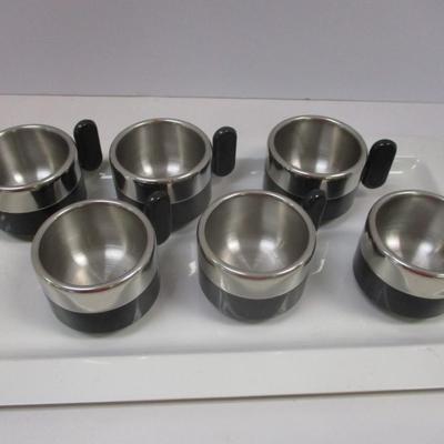 Vintage 1970's Morinok Italy Stainless Steel Espresso Cups Atomic Space Age Design Black & Silver & Enamel Tray