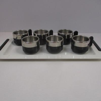 Vintage 1970's Morinok Italy Stainless Steel Espresso Cups Atomic Space Age Design Black & Silver & Enamel Tray