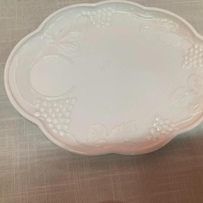 Sale Photo Thumbnail #356: Set of 12 milk glass snack plates with matching cups in a grape/leaf design. Excellent condition!