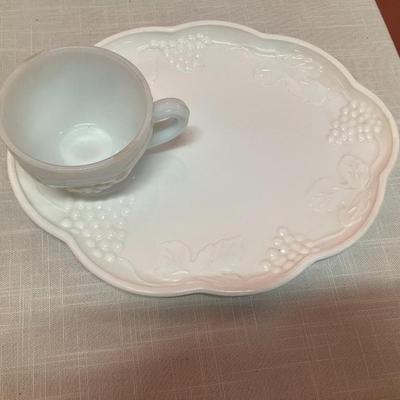 Sale Photo Thumbnail #355: Set of 12 milk glass snack plates with matching cups in a grape/leaf design. Excellent condition!
