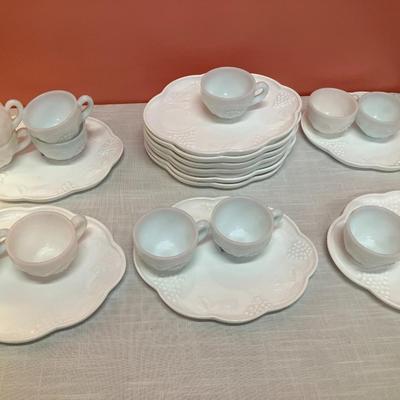 Sale Photo Thumbnail #358: Set of 12 milk glass snack plates with matching cups in a grape/leaf design. Excellent condition!