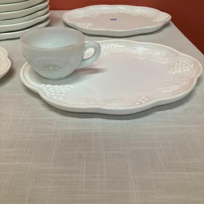 Sale Photo Thumbnail #354: Set of 12 milk glass snack plates with matching cups in a grape/leaf design. Excellent condition!