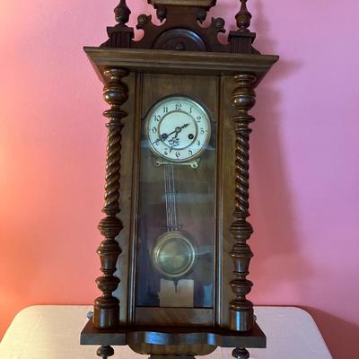 Sale Photo Thumbnail #359: Beautiful 39" H x 14" W x 7" D Vintage 7 day clock with key and original family note. Was displayed in home, wound weekly and chimed beautifully. **Pick Up ONLY!!