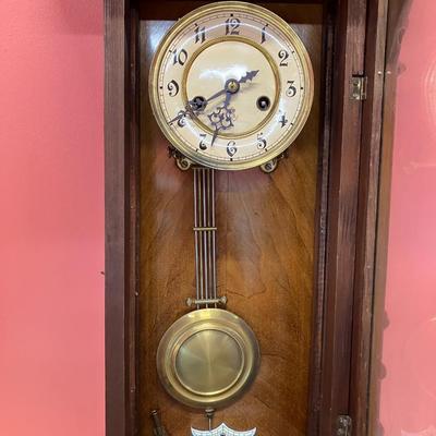 Sale Photo Thumbnail #364: Beautiful 39" H x 14" W x 7" D Vintage 7 day clock with key and original family note. Was displayed in home, wound weekly and chimed beautifully. **Pick Up ONLY!!