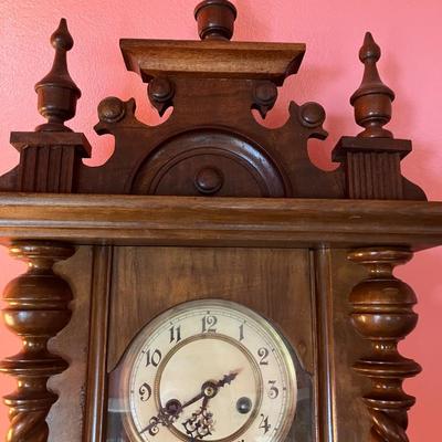 Sale Photo Thumbnail #360: Beautiful 39" H x 14" W x 7" D Vintage 7 day clock with key and original family note. Was displayed in home, wound weekly and chimed beautifully. **Pick Up ONLY!!