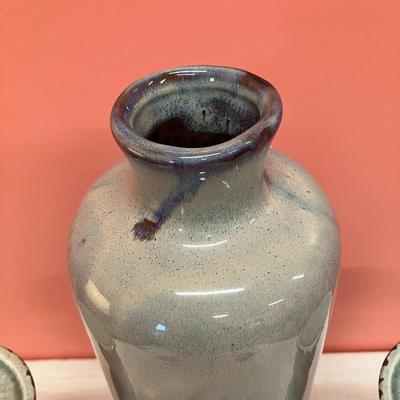 Sale Photo Thumbnail #401: Set of 3 items: tall blue/teal and tan pottery vase and 2 robin's egg blue/teal ceramic candlesticks with crackle finish