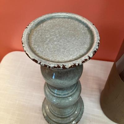 Sale Photo Thumbnail #402: Set of 3 items: tall blue/teal and tan pottery vase and 2 robin's egg blue/teal ceramic candlesticks with crackle finish