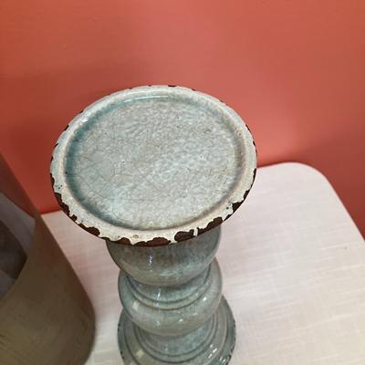 Sale Photo Thumbnail #403: Set of 3 items: tall blue/teal and tan pottery vase and 2 robin's egg blue/teal ceramic candlesticks with crackle finish