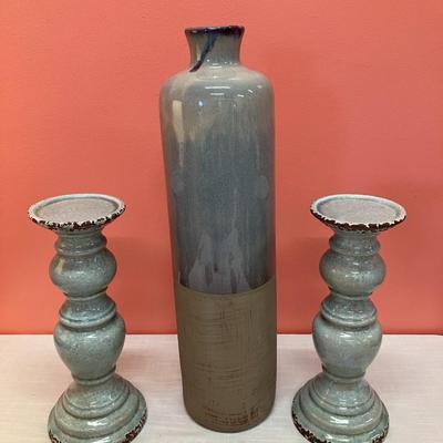 Sale Photo Thumbnail #400: Set of 3 items: tall blue/teal and tan pottery vase and 2 robin's egg blue/teal ceramic candlesticks with crackle finish
