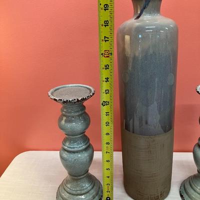 Sale Photo Thumbnail #404: Set of 3 items: tall blue/teal and tan pottery vase and 2 robin's egg blue/teal ceramic candlesticks with crackle finish