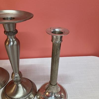 Sale Photo Thumbnail #407: Grouping of 5 pewter-like/silver metal candlesticks