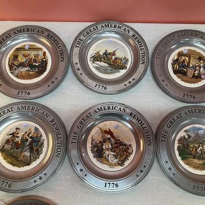 Sale Photo Thumbnail #422: Set of 6 porcelain/pewter (heavy, metal backing) American Revolution plates produced in 1975