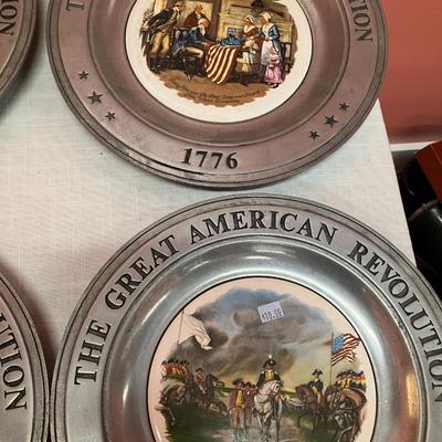 Sale Photo Thumbnail #425: Set of 6 porcelain/pewter (heavy, metal backing) American Revolution plates produced in 1975