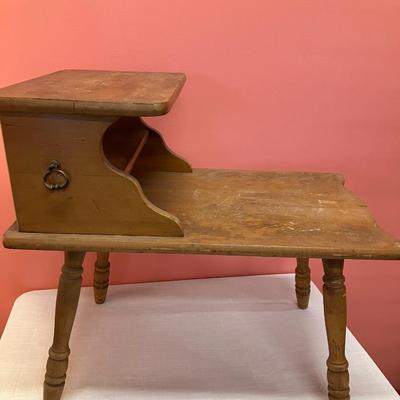 Sale Photo Thumbnail #448: Vintage wooden telephone table. 26" L x 24" H x 16.5" W
**Pick up only!!