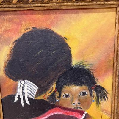 Sale Photo Thumbnail #480: Original oil on canvas of Native American mother and child. 17" H x 14" W, framed