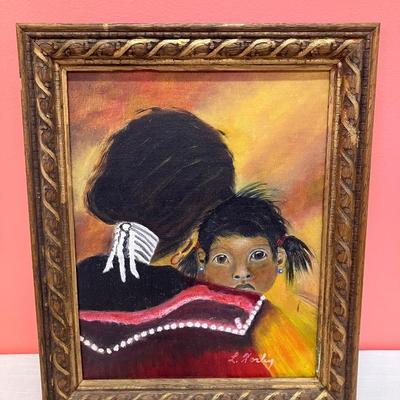 Sale Photo Thumbnail #479: Original oil on canvas of Native American mother and child. 17" H x 14" W, framed