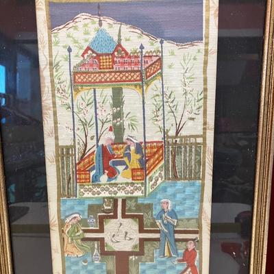 Sale Photo Thumbnail #483: Set of 3 framed silk paintings, all 18" H x 10.5" W