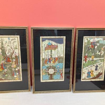 Sale Photo Thumbnail #481: Set of 3 framed silk paintings, all 18" H x 10.5" W