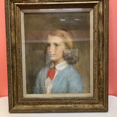 Sale Photo Thumbnail #488: Excellent condition, framed child portrait in pastels medium, 27.5"H x 23" W