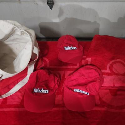 Sale Photo Thumbnail #141: Twizzlers candy merch - Hat Tshirt Tote Towel
Two towels, three hats, one tshirt and one tote bag. 
Receive everything pictured