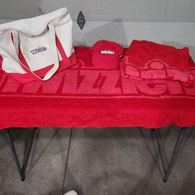Sale Photo Thumbnail #139: Twizzlers candy merch - Hat Tshirt Tote Towel
Two towels, three hats, one tshirt and one tote bag. 
Receive everything pictured