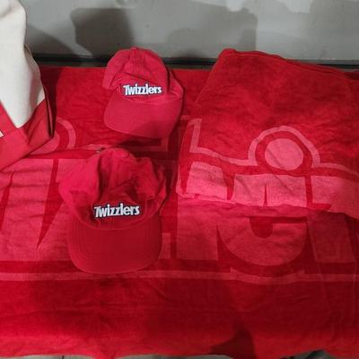 Sale Photo Thumbnail #140: Twizzlers candy merch - Hat Tshirt Tote Towel
Two towels, three hats, one tshirt and one tote bag. 
Receive everything pictured