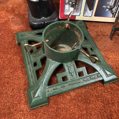 LOT 94: Vintage Wooden Childs Sled, Nutcracker Blow Mold (no light), Cast Iron Tree Stand and Lemax Village Train System