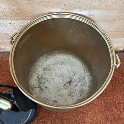 LOT 96: Fireplace Tool Set, Gold Kindling Bucket and Cast Iron Kettle
