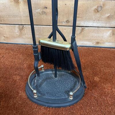 LOT 96: Fireplace Tool Set, Gold Kindling Bucket and Cast Iron Kettle