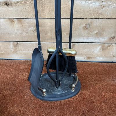LOT 96: Fireplace Tool Set, Gold Kindling Bucket and Cast Iron Kettle