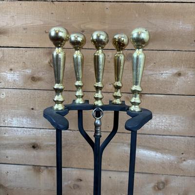LOT 96: Fireplace Tool Set, Gold Kindling Bucket and Cast Iron Kettle