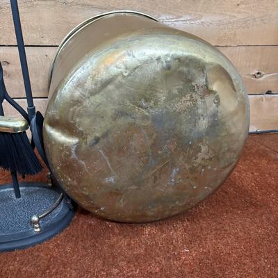 LOT 96: Fireplace Tool Set, Gold Kindling Bucket and Cast Iron Kettle