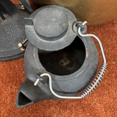 LOT 96: Fireplace Tool Set, Gold Kindling Bucket and Cast Iron Kettle