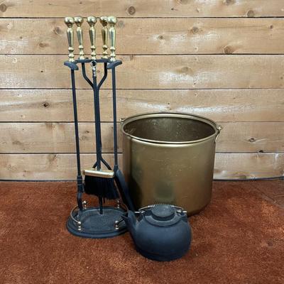 LOT 96: Fireplace Tool Set, Gold Kindling Bucket and Cast Iron Kettle
