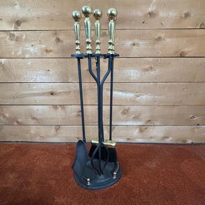 LOT 96: Fireplace Tool Set, Gold Kindling Bucket and Cast Iron Kettle