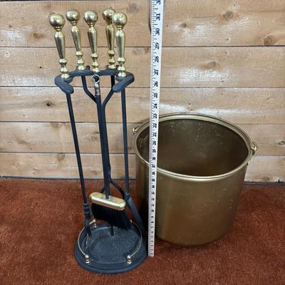 LOT 96: Fireplace Tool Set, Gold Kindling Bucket and Cast Iron Kettle