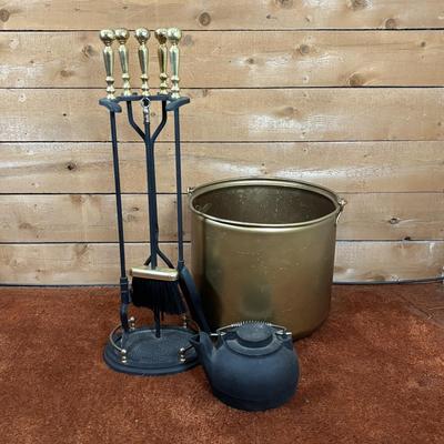 LOT 96: Fireplace Tool Set, Gold Kindling Bucket and Cast Iron Kettle