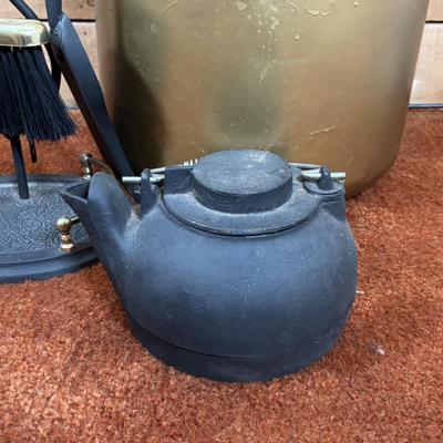 LOT 96: Fireplace Tool Set, Gold Kindling Bucket and Cast Iron Kettle