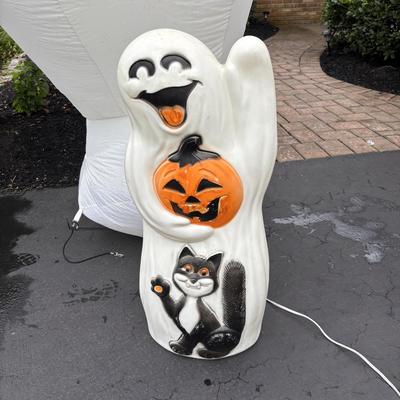 LOT 98: Inflatable Ghost & Blow Mold Ghost w/Pumpkin & Cat