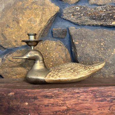 LOT 99: Brass Duck Candle Holder & Small Compass on Brass Disc