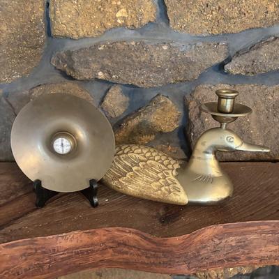 LOT 99: Brass Duck Candle Holder & Small Compass on Brass Disc