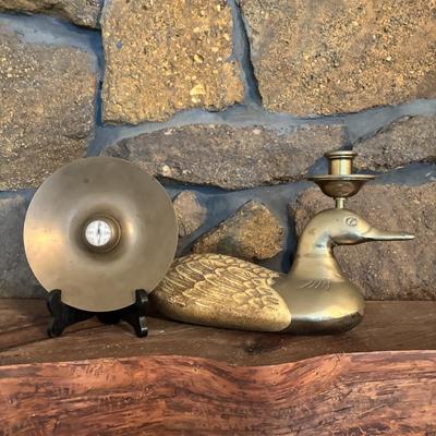 LOT 99: Brass Duck Candle Holder & Small Compass on Brass Disc
