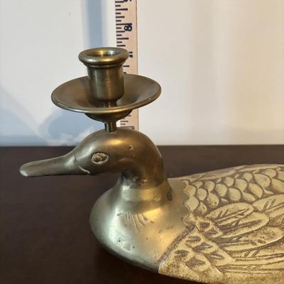 LOT 99: Brass Duck Candle Holder & Small Compass on Brass Disc