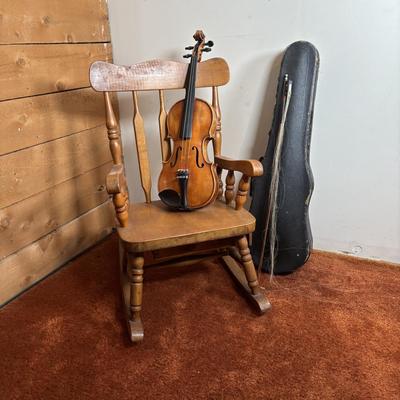 LOT 100: Vintage A. Schroetter Geigenbaumeister Violin & Child's Rocking Chair w/Small Storage Drawer
